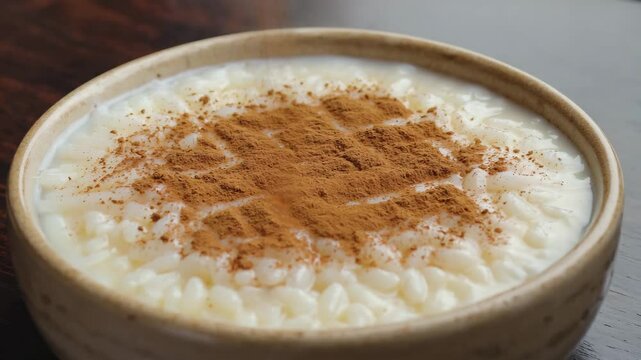 Sweet rice dessert, Arroz doce, Close-up of arroz doce with a sprinkle of cinnamon, Warm golden tones, Soft lighting
