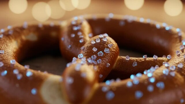 Soft pretzel adorned with sparkling sugar, festive background