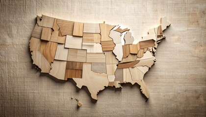Modern USA map composed of abstract geometric blocks in neutral tones, laid over a textured linen canvas 