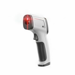 A modern infrared thermometer, with its red laser light activated, is prominently displayed isolated on white background