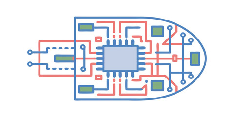 Illustration of a circuit board with chip, wires, and components in blue and red color scheme design