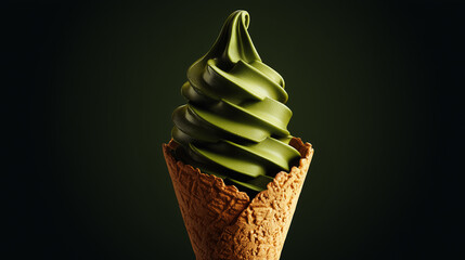 抹茶のソフトクリーム 高級感のある深い緑の背景とライティング