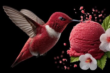 A hummingbird sipping from a melting scoop of hibiscus sorbet
