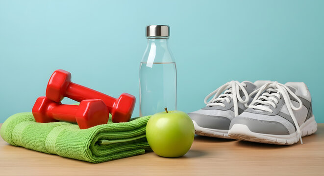 Red Dumbbells Green Towel Gray Sneakers Green Apple Water Bottle