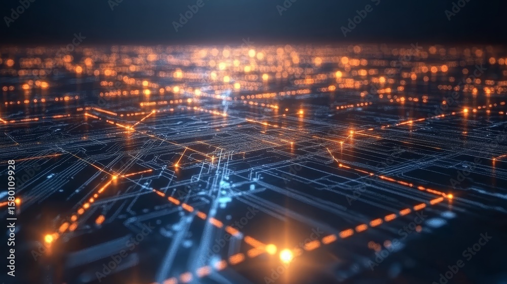Poster glowing abstract matrix with electronic grid and symmetrical circuit design in cyan and orange