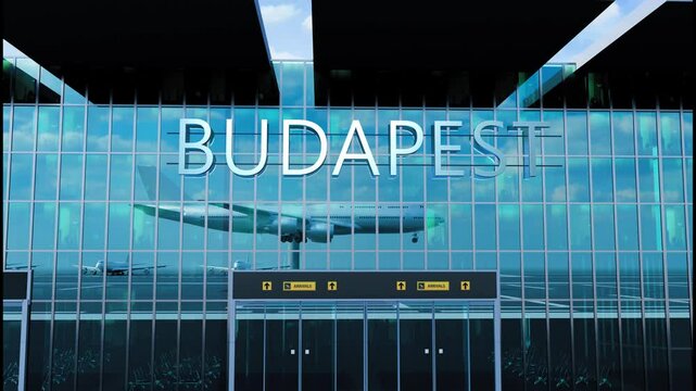 Airlane landing at Budapest. Arrival in the city with reflection of airport and aircraft