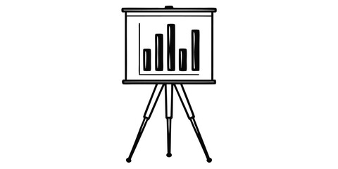 Illustration of a presentation board with a bar graph on a tripod stand in black and white outline