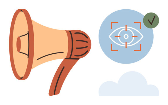 Loudspeaker symbolizing communication, eye icon with focus frame and checkmark for precise targeting, and a cloud for digital technology. Ideal for advertising, branding, strategy, digital marketing