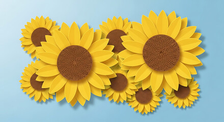 Obraz premium A cluster of vibrant paper sunflowers arranged against a soft blue background.