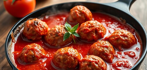 Juicy meatballs simmering in rich tomato sauce, cast iron skillet, winter, food