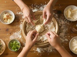 Three generations of a family folding dumplings together in a kitchen