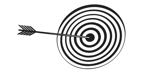 Arrow precisely hitting the center of a target with concentric circles in black and white illustration