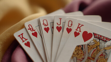 Royal flush of hearts cards in hand, representing a winning poker hand
