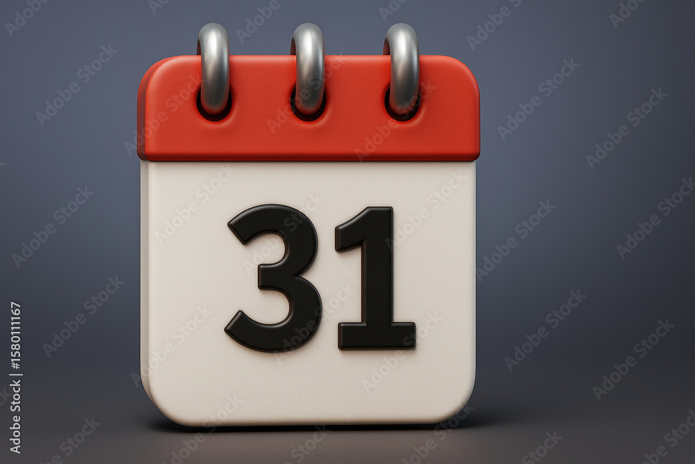 Poster detailed 3d render of a calendar page displaying the number 31 against a dark gray background in a s