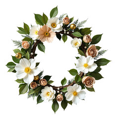 Decorative door wreath isolated, Transparent seasonal decor, Circular floral piece, Stylish entry accent, Natural home object, Holiday prop