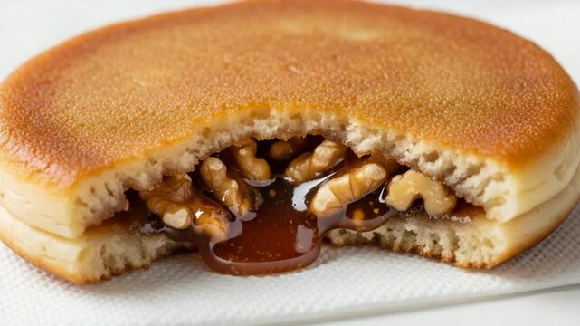Eating Delicious Pancake with Nuts and Syrup Closeup