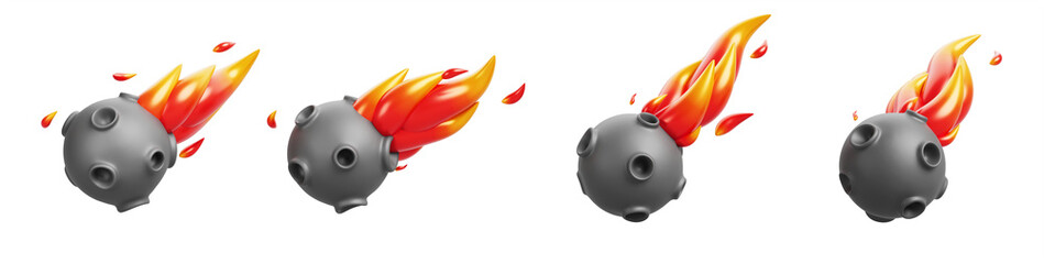3d meteor, comet, star or asteroid with space trail fire effect. Meteorite flame speed glow, black stone tail sparkle. Fireball shooting, falling cosmic object, cartoon render set © marozhkastudio