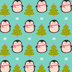 Cute penguin with Christmas tree and snowflakes. Winter Christmas seamless pattern for greeting card or wrapping paper.