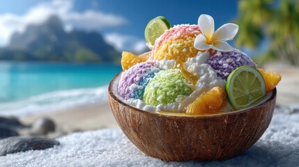 A refreshing Hawaiian shave ice mountain in rainbow colors