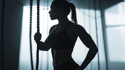 Woman fitness silhouette workout gym training rope climbing strength exercise powerful determined body
