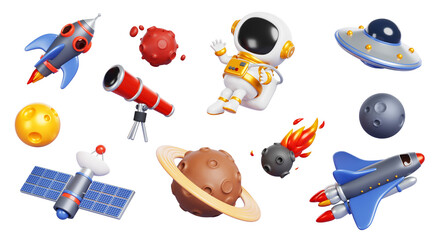 3d space exploration icons, cute astronaut, planets, rocket, shuttle, telescope, ufo alien spaceship, meteor with fire in cosmos. Fantasy game design elements, Cartoon render set