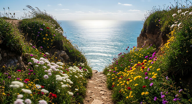 A stone path descends between vibrant wildflowers towards a tranquil ocean vista.