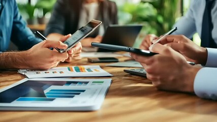 Business team collaborating on data analysis with digital devices in a vibrant office environment - Powered by Adobe