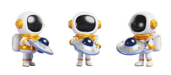 3d cartoon kid astronaut character holding toy ufo alien space ship. Isolated cute spaceman in white gold suit and helmet with flying saucer. Cosmonaut render set in different angles