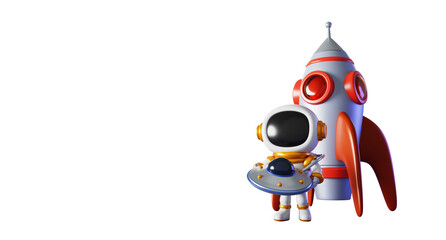 Space exploring 3d banner with rocket, astronaut, ufo alien spaceship. Cute spaceman holding saucer on dark render background. Concept of travel and search for extraterrestrial life © marozhkastudio
