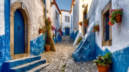 Charming cobblestone street in Obidos, Portugal, featuring whitewashed buildings and blue accents.