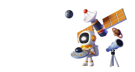 3d space exploring banner. Cartoon render of astronaut in spacesuit holding toy ufo alien spaceship with telescope for observation planets, moon and flying satellite on dark night sky © marozhkastudio