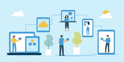 People connected through devices like laptops tablets and phones on a light blue background with clouds