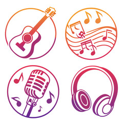 Set of four circular music icons featuring guitar microphone notes and headphones