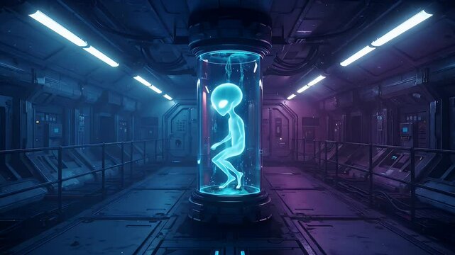 Alien in Blue Light Inside Glass Tube in Dark Sci-Fi Hallway with Advanced Futuristic Technology and Extraterrestrial Life Form for Space Exploration and Unidentified Objects