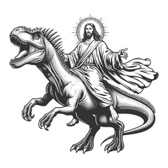 Obraz premium Jesus Christ with halo riding a dinosaur sketch engraving generative ai fictional character vector illustration. Scratch board imitation. Black and white image.