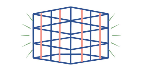 Illustration of a blue wireframe cube with pink vertical bars and green radiating lines on the sides