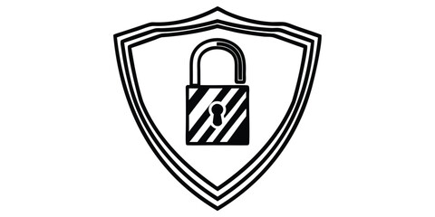 Illustration of a shield with triple outline containing an open padlock with diagonal stripes inside