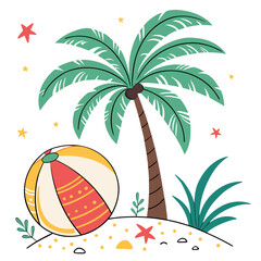 Vibrant holiday scene with beach ball and palm tree, white background


