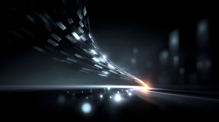 futuristic digital data stream with glowing particles and a path of light, illustrating a sense of speed and technological advancement. This scene evokes a futuristic, high-tech atmosphere.