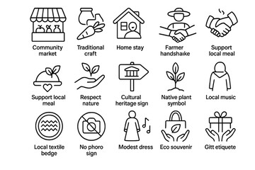 Sustainable tourism icons: local markets, craftsmanship, cultural heritage, eco-friendly