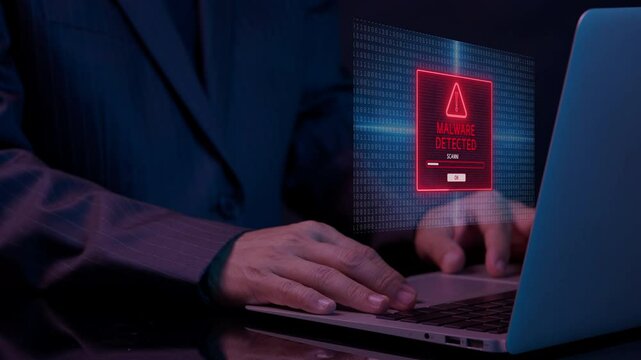 Popup alert message displays a malware detection warning on a digital interface, showing cyber threat notification for system security and virus protection concept.