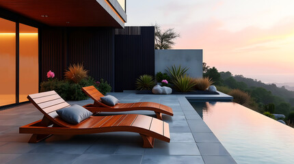 Luxurious sunset patio with sleek lounge chairs and infinity pool overlooking valley framed by contemporary slats