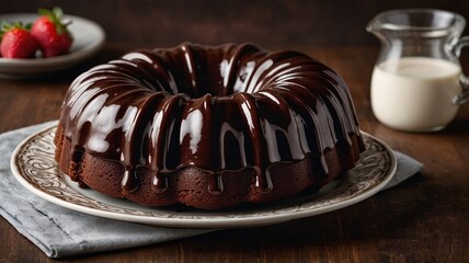 Decadent chocolate bundt cake drizzled with glossy chocolate ganache, served with fresh strawberries and cream.