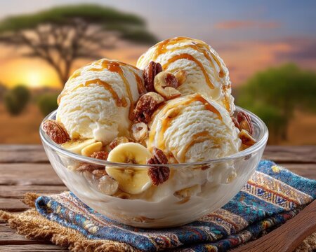 Creamy South African amarula (fruit liqueur) ice cream with caramelized banana swirls