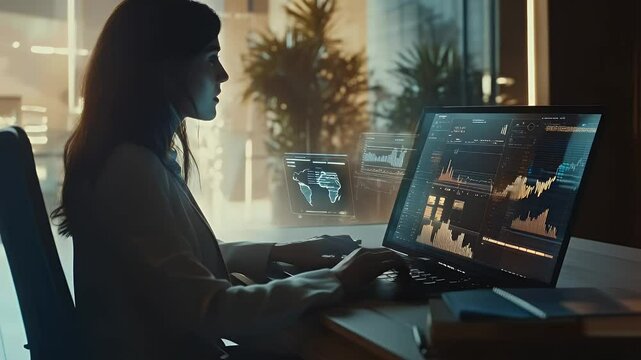 Woman working on a laptop with holographic displays