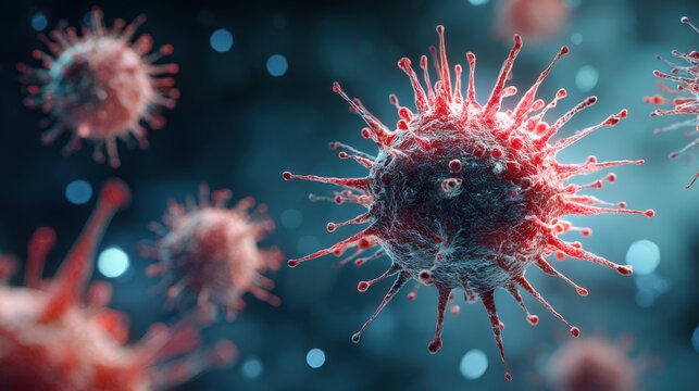 Detailed 3d rendering of a red coronavirus particle with spikes against a dark blue blurred background