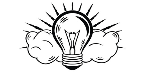 A lightbulb with radiating lines and cloud like shapes in a black and white illustration style art