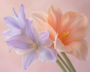 Fototapeta premium Pastel bouquet of tulips and daffodils arranged for a serene and colorful spring display.