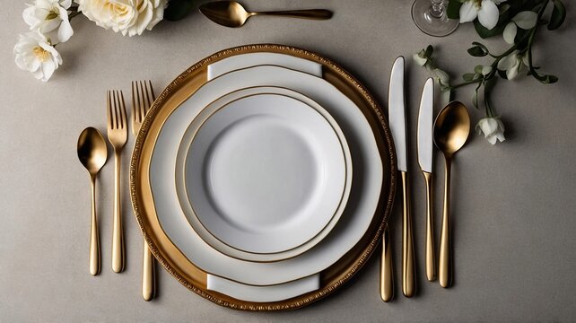 Elegant dining set featuring white plates with gold accents, surrounded by gold flatware and delicate floral decor.