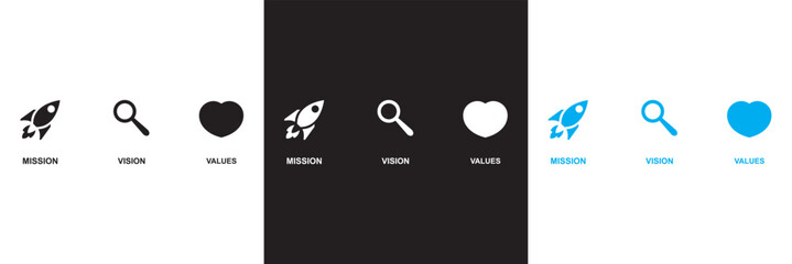 Vision, mission and values  icons . Vector for websites, mobile interfaces, presentations, banner, visual branding etc. Vector illustration. isolated on white and black background. EPS 10